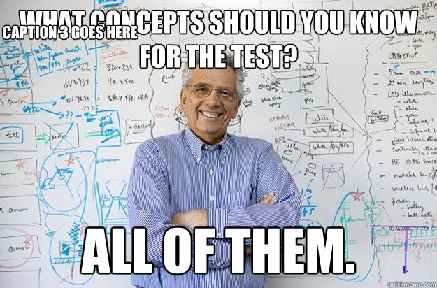 what concepts should you know for the test? all of them. Caption 3 goes here  Engineering Professor