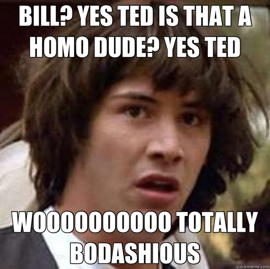 BILL? YES TED IS THAT A HOMO DUDE? YES TED WOOOOOOOOOO TOTALLY BODASHIOUS  conspiracy keanu