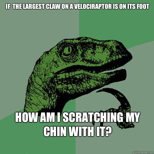 If  the largest claw on a velociraptor is on its foot How am I scratching my
Chin with it?
  Philosoraptor