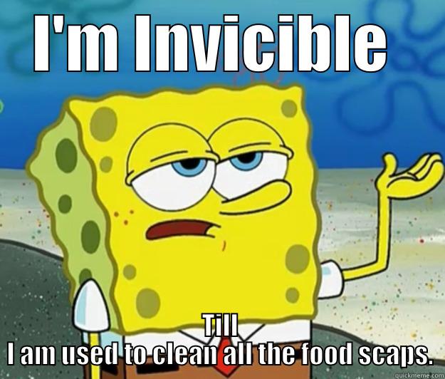 I'M INVICIBLE  TILL I AM USED TO CLEAN ALL THE FOOD SCAPS. Tough Spongebob