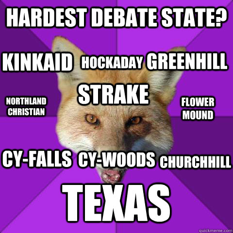 Hardest Debate State? Texas Strake  Hockaday Northland Christian Flower Mound CY-Woods Kinkaid Greenhill Churchhill Cy-Falls  Forensics Fox