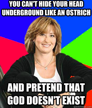 You can't hide your head underground like an ostrich and pretend that god doesn't exist  Sheltering Suburban Mom