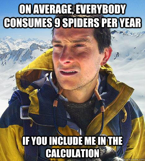 On average, everybody consumes 9 spiders per year If you include me in the calculation  Bear Grylls