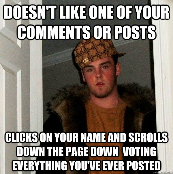 doesn't like one of your comments or posts clicks on your name and scrolls down the page down  voting everything you've ever posted  Scumbag Steve