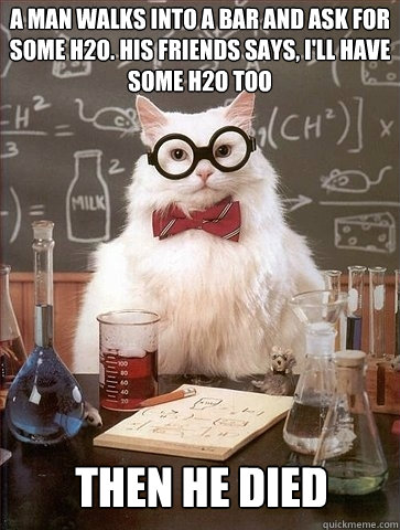 a man walks into a bar and ask for some H2O. his friends says, i'll have some h2o too then he died  Chemistry Cat