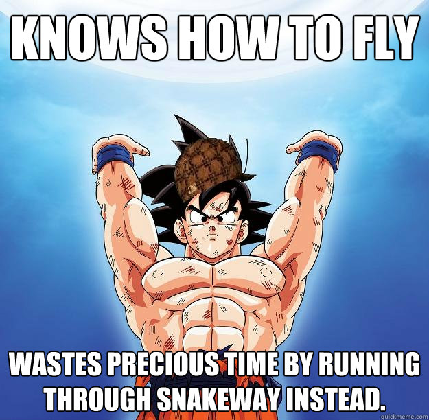 knows how to fly wastes precious time by running through snakeway instead.   Scumbag Goku