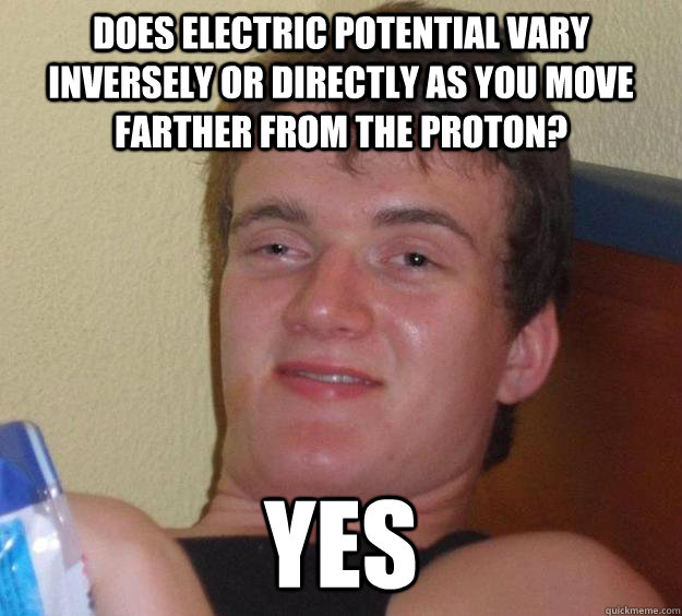 Does Electric potential vary inversely or directly as you move farther from the proton? YES - Does Electric potential vary inversely or directly as you move farther from the proton? YES  10 Guy