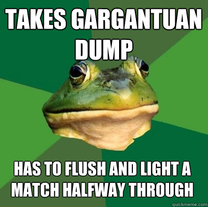 takes gargantuan dump Has to flush and light a match halfway through  Foul Bachelor Frog