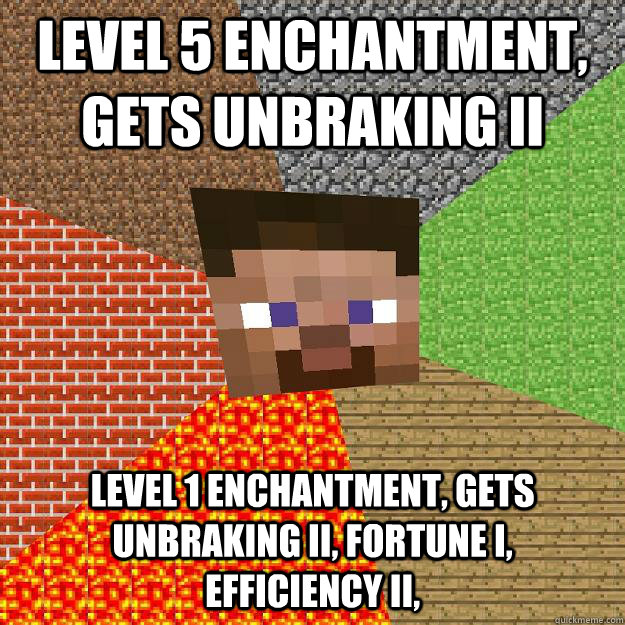 Level 5 enchantment, gets unbraking II level 1 enchantment, gets unbraking II, Fortune I,    Efficiency II,  Minecraft