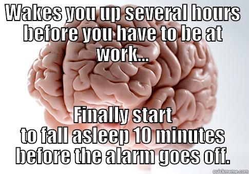 WAKES YOU UP SEVERAL HOURS BEFORE YOU HAVE TO BE AT WORK... FINALLY START TO FALL ASLEEP 10 MINUTES BEFORE THE ALARM GOES OFF. Scumbag Brain