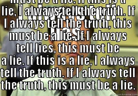 Give it a title. - I ALWAYS TELL LIES. FALSE. IF I ALWAYS TELL LIES, THIS MUST BE A LIE. IF THIS IS A LIE, I ALWAYS TELL THE TRUTH. IF I ALWAYS TELL THE TRUTH, THIS MUST BE A LIE. IF I ALWAYS TELL LIES, THIS MUST BE A LIE. IF THIS IS A LIE, I ALWAYS TELL THE TRUTH. IF I ALWAYS TELL THE TRUTH,  Schrute