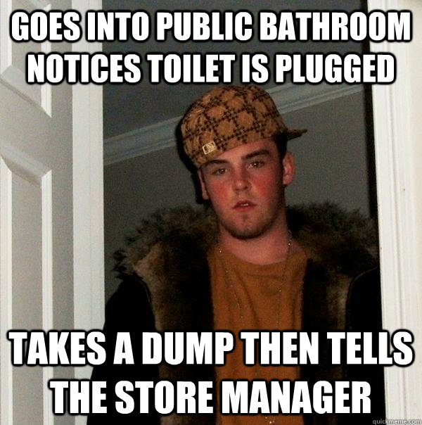 goes into public bathroom notices toilet is plugged takes a dump then tells the store manager  Scumbag Steve