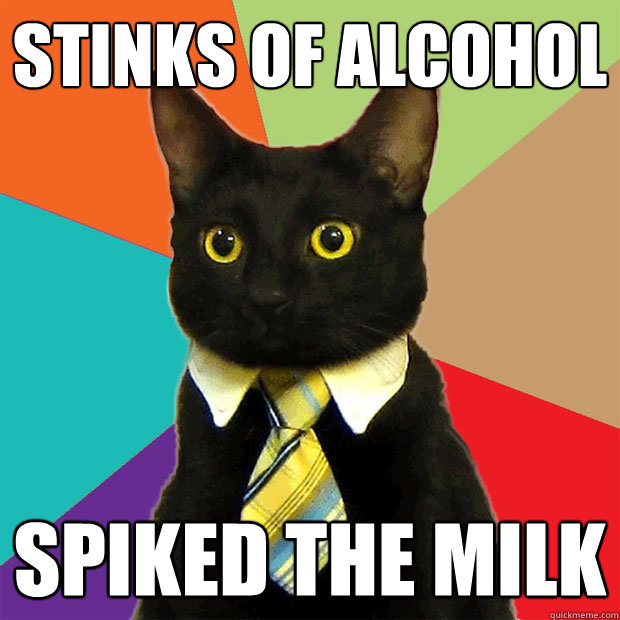 Stinks of alcohol spiked the milk  Business Cat