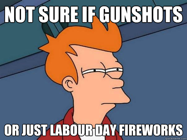 Not sure if gunshots Or just labour day fireworks  Futurama Fry