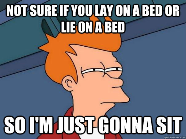 Not sure if you lay on a bed or lie on a bed So I'm just gonna sit  Futurama Fry