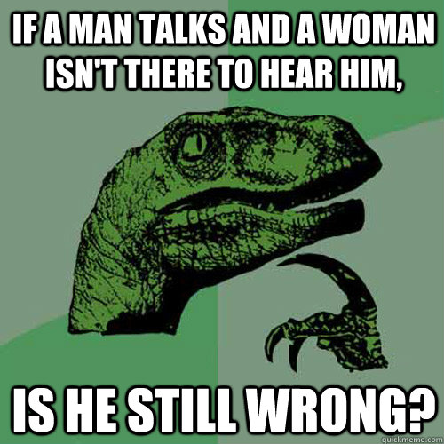 If a man talks and a woman isn't there to hear him, is he still wrong?  Philosoraptor