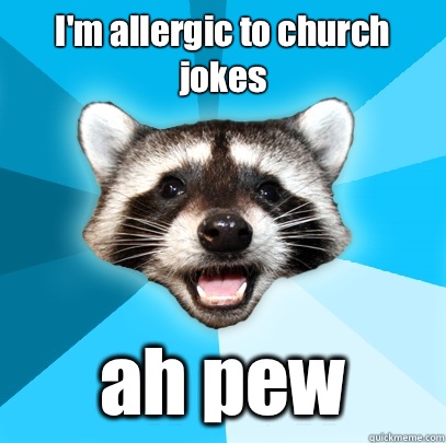 I'm allergic to church jokes ah pew  Lame Pun Coon