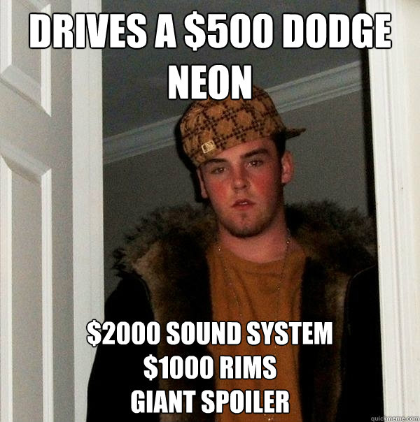 Drives a $500 Dodge Neon $2000 Sound System
$1000 rims
Giant spoiler - Drives a $500 Dodge Neon $2000 Sound System
$1000 rims
Giant spoiler  Scumbag Steve