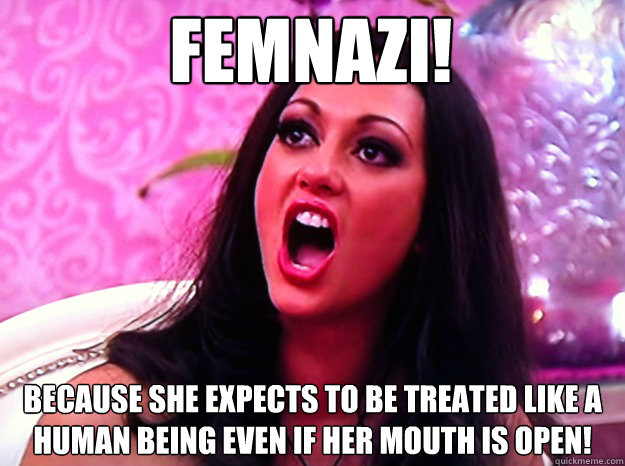 Femnazi! Because she expects to be treated like a human being even if her mouth is open!  Feminist Nazi