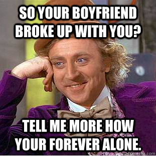 So your boyfriend broke up with you? Tell me more how your forever alone.  Condescending Wonka