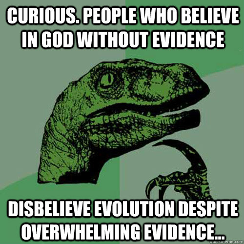 Curious. People who believe in God without evidence Disbelieve Evolution despite overwhelming evidence...  Philosoraptor