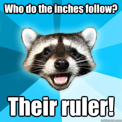 Who do the inches follow? Their ruler!  Lame Pun Coon