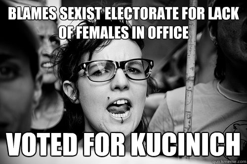 blames sexist electorate for lack of females in office voted for kucinich  Hypocrite Feminist