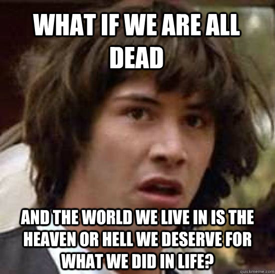 what if we are all dead and the world we live in is the heaven or hell we deserve for what we did in life?  conspiracy keanu