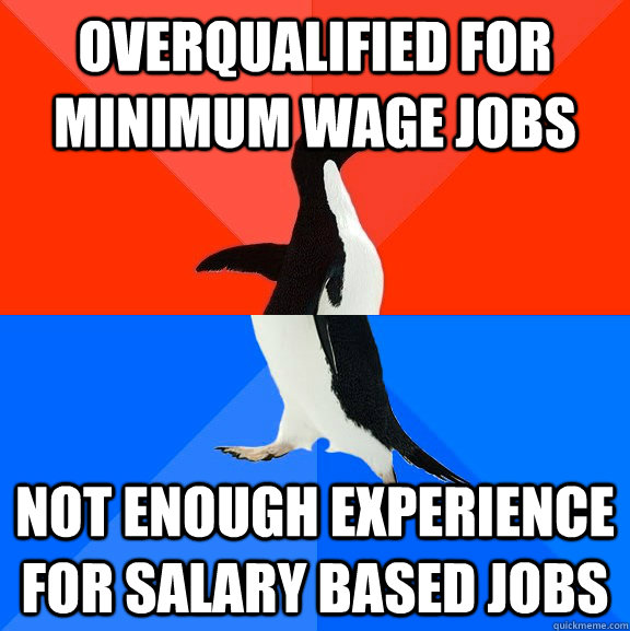 Overqualified for minimum wage jobs not enough experience for salary based jobs - Overqualified for minimum wage jobs not enough experience for salary based jobs  Socially Awesome Awkward Penguin