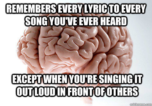 Remembers every lyric to every song you've ever heard Except when you're singing it out loud in front of others  Scumbag Brain