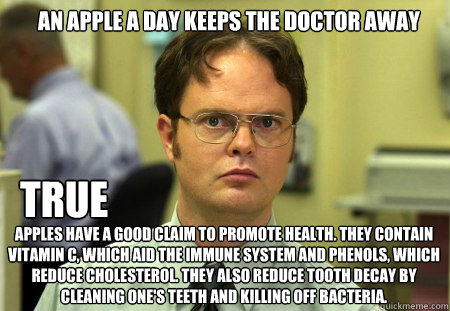 An apple a day keeps the doctor away 
Apples have a good claim to promote health. They contain Vitamin C, which aid the immune system and phenols, which reduce cholesterol. They also reduce tooth decay by cleaning one's teeth and killing off bacteria. TRU - An apple a day keeps the doctor away 
Apples have a good claim to promote health. They contain Vitamin C, which aid the immune system and phenols, which reduce cholesterol. They also reduce tooth decay by cleaning one's teeth and killing off bacteria. TRU  Schrute