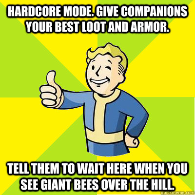 Hardcore mode. Give companions your best loot and armor.  tell them to wait here when you see giant bees over the hill.   Fallout new vegas