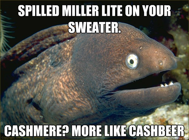 Spilled Miller Lite on your sweater. Cashmere? More like Cashbeer  Bad Joke Eel