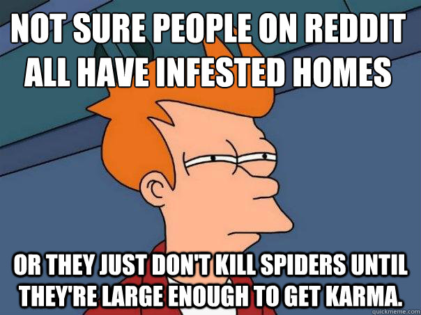 Not sure people on Reddit all have infested homes or they just don't kill spiders until they're large enough to get karma.   - Not sure people on Reddit all have infested homes or they just don't kill spiders until they're large enough to get karma.    Futurama Fry