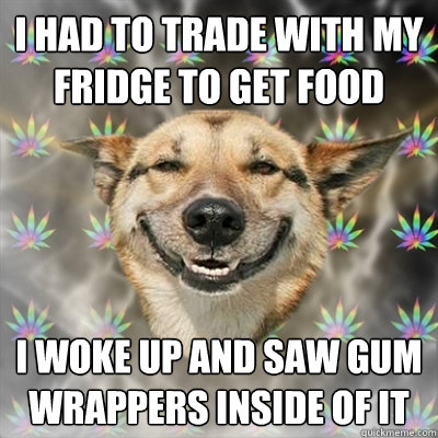 i had to trade with my fridge to get food I woke up and saw gum wrappers inside of it  Stoner Dog