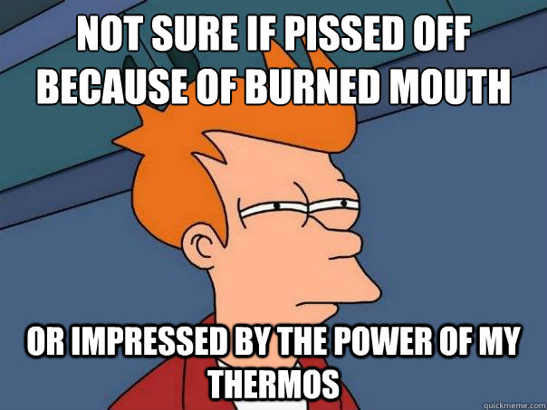 Not sure if pissed off because of burned mouth Or impressed by the power of my Thermos  Futurama Fry