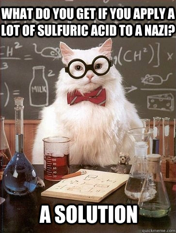 What do you get if you apply a lot of sulfuric acid to a nazi? A solution  Chemistry Cat