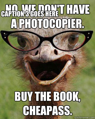 No, we don't have a photocopier. Buy the book, cheapass. Caption 3 goes here  Judgmental Bookseller Ostrich