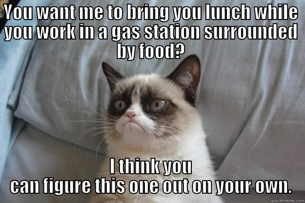 YOU WANT ME TO BRING YOU LUNCH WHILE YOU WORK IN A GAS STATION SURROUNDED BY FOOD? I THINK YOU CAN FIGURE THIS ONE OUT ON YOUR OWN. Grumpy Cat