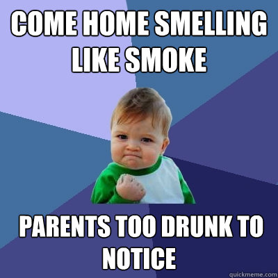 Come home smelling like smoke  Parents too drunk to notice  Success Kid