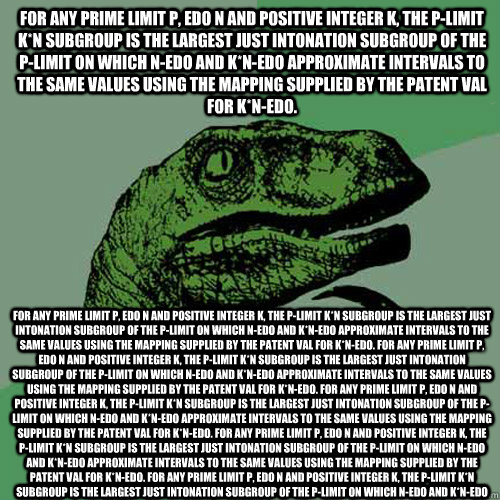 For any prime limit p, EDO N and positive integer k, the p-limit k*N subgroup is the largest just intonation subgroup of the p-limit on which N-edo and k*N-edo approximate intervals to the same values using the mapping supplied by the patent val for k*N-e  Philosoraptor