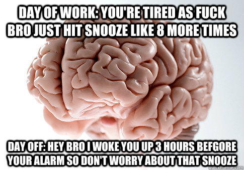 day of work: you're tired as fuck bro just hit snooze like 8 more times day off: hey bro i woke you up 3 hours befgore your alarm so don't worry about that snooze  Scumbag Brain