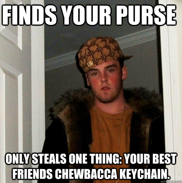 Finds your purse Only steals one thing: Your best friends chewbacca keychain.  Scumbag Steve