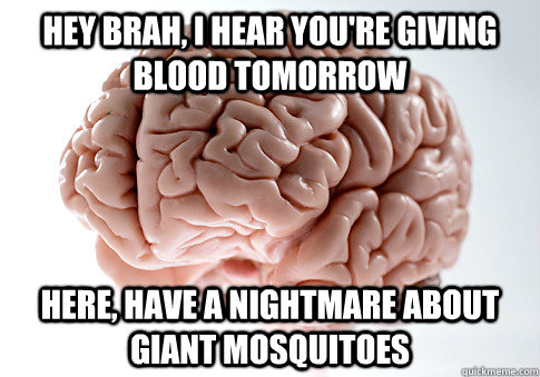 Hey brah, I hear you're giving blood tomorrow here, have a nightmare about giant mosquitoes  Scumbag Brain