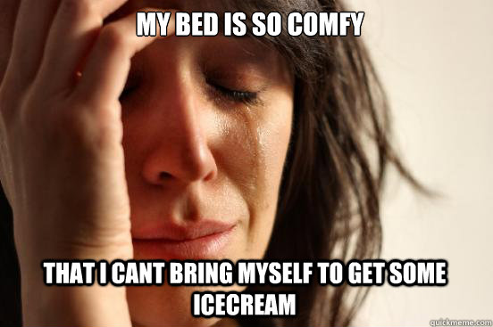 MY BED IS SO COMFY THAT I CANT BRING MYSELF TO GET SOME ICECREAM  First World Problems