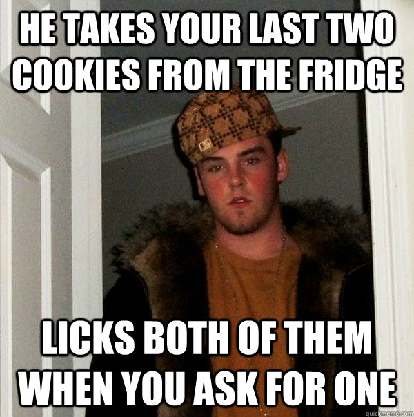 he takes your last two cookies from the fridge licks both of them when you ask for one  Scumbag Steve