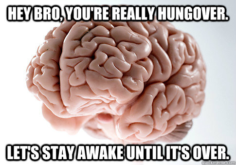 Hey bro, you're really hungover. Let's stay awake until it's over.  Scumbag Brain