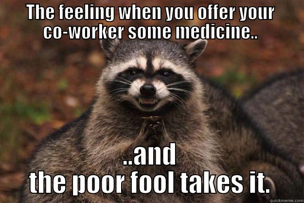 Medicine for co-worker - THE FEELING WHEN YOU OFFER YOUR CO-WORKER SOME MEDICINE.. ..AND THE POOR FOOL TAKES IT. Evil Plotting Raccoon