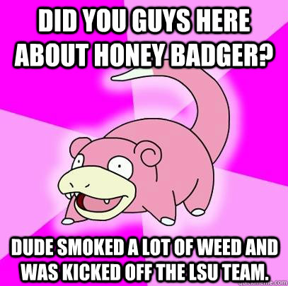 Did you guys here about Honey Badger? Dude smoked a lot of weed and was kicked off the LSu team.  - Did you guys here about Honey Badger? Dude smoked a lot of weed and was kicked off the LSu team.   Slowpoke