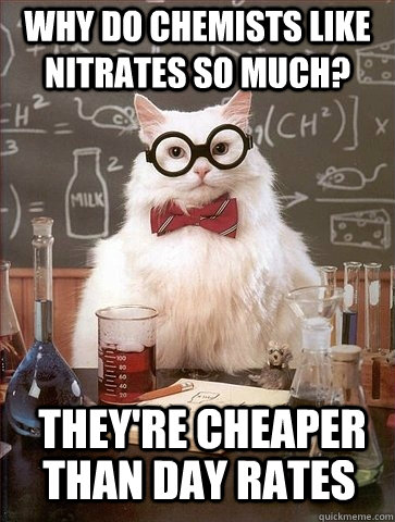 WHY DO CHEMISTS LIKE NITRATES SO MUCH? tHAN dAY rATES tHEY'RE cHEAPER  Chemistry Cat